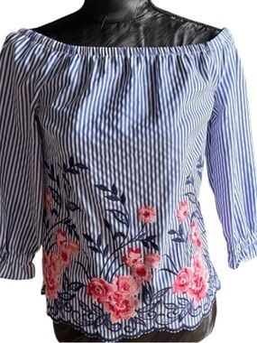 ELLE Blue White Striped Floral Embroidered Off Shoulder Top XS NWT